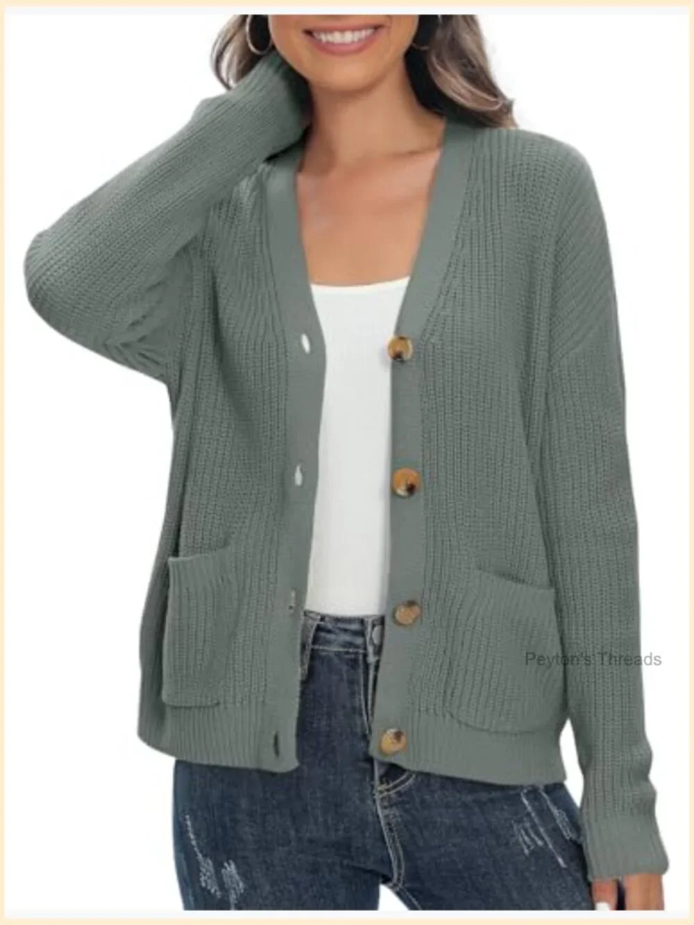 Lightweight Knit Open Front V-Neck Long Sleeve Button Down Cardigan with Pockets